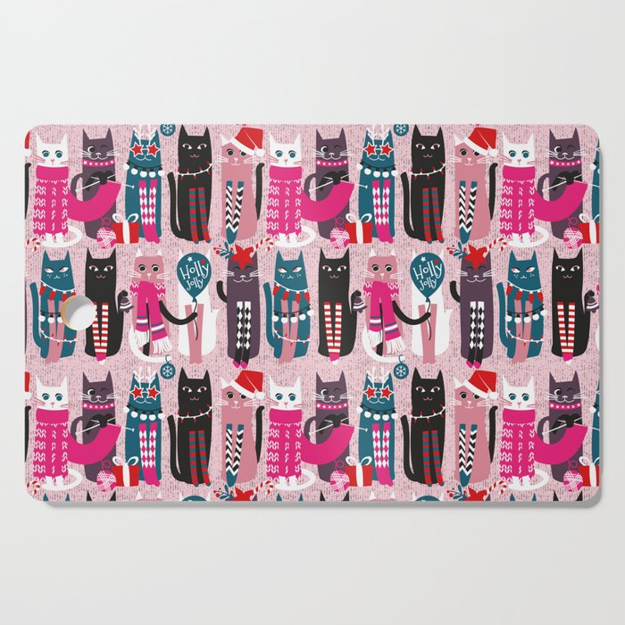 Feline Christmas vibes // pastel pink background green fuchsia pink white and black kittens Cutting Board Gallery Image 1