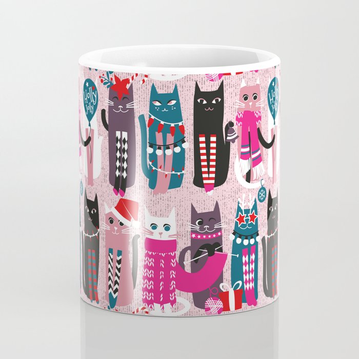 Feline Christmas vibes // pastel pink background green fuchsia pink white and black kittens Coffee Mug Gallery Image 4