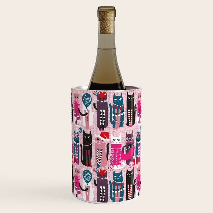 Feline Christmas vibes // pastel pink background green fuchsia pink white and black kittens Wine Chiller Gallery Image 3