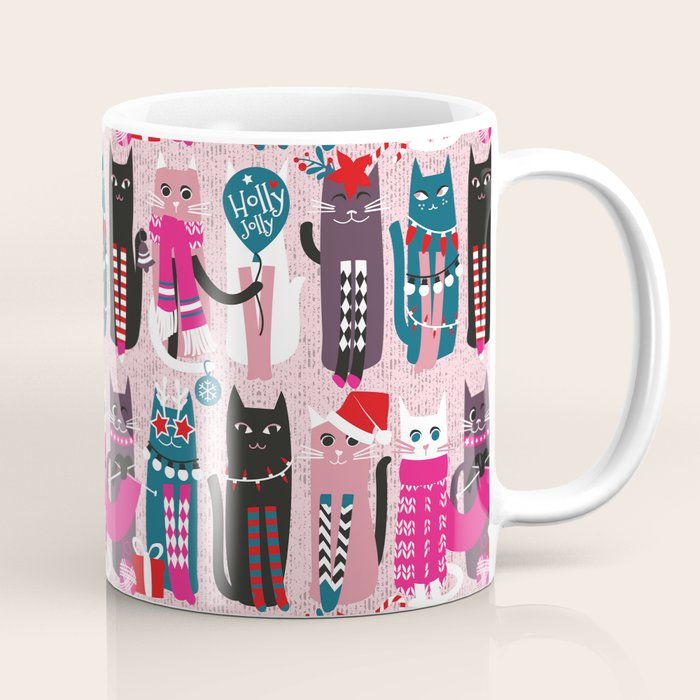 Feline Christmas vibes // pastel pink background green fuchsia pink white and black kittens Coffee Mug Gallery Image 1