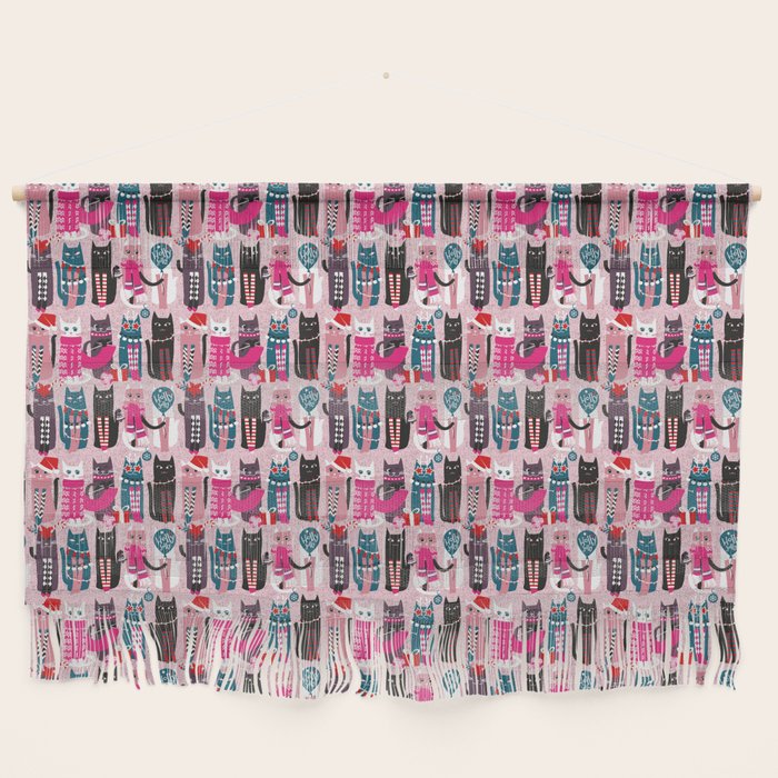 Feline Christmas vibes // pastel pink background green fuchsia pink white and black kittens Wall Hanging Gallery Image 1