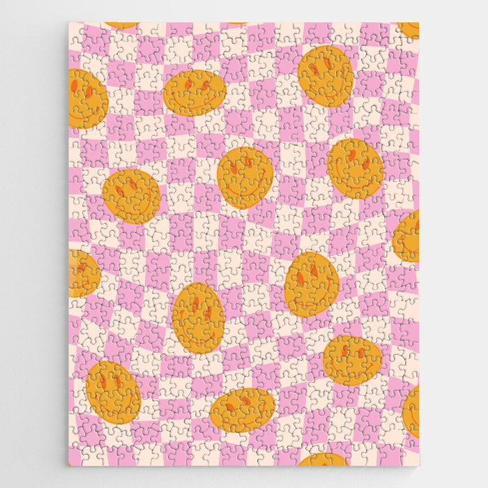 Groovy Smiley Faces on Pastel Pink Twisted Checkerboard Jigsaw Puzzle Gallery Image 1
