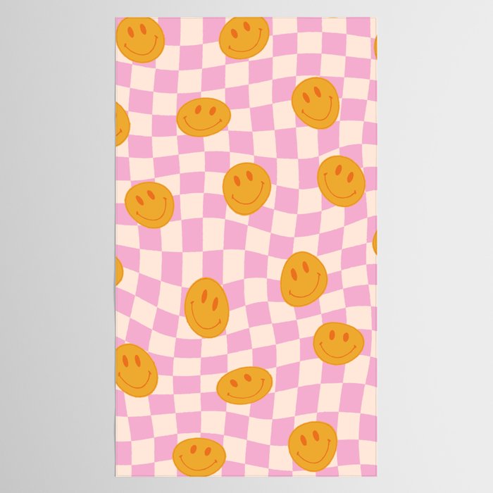 Groovy Smiley Faces on Pastel Pink Twisted Checkerboard Tablecloth Gallery Image 2