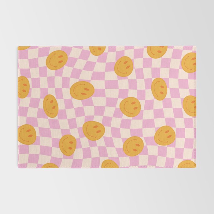 Groovy Smiley Faces on Pastel Pink Twisted Checkerboard Rug Gallery Image 2