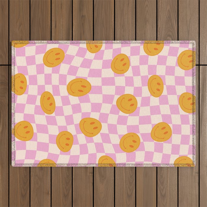 Groovy Smiley Faces on Pastel Pink Twisted Checkerboard Outdoor Rug Gallery Image 1