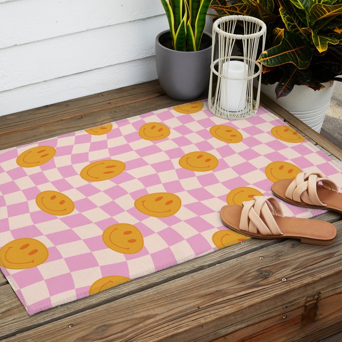 Groovy Smiley Faces on Pastel Pink Twisted Checkerboard Outdoor Rug Gallery Image 2