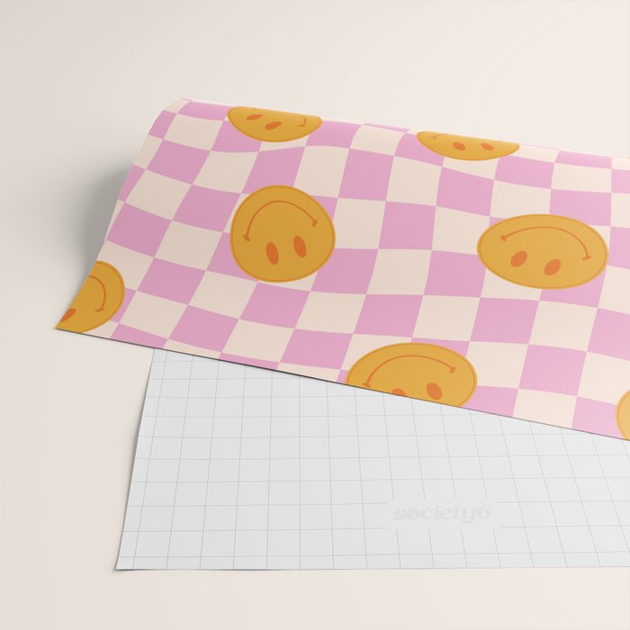 Groovy Smiley Faces on Pastel Pink Twisted Checkerboard Wrapping Paper Gallery Image 2
