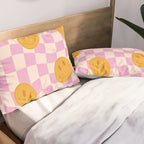 Groovy Smiley Faces on Pastel Pink Twisted Checkerboard Pillow Sham Gallery Image 2