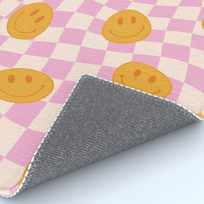 Groovy Smiley Faces on Pastel Pink Twisted Checkerboard Rug Gallery Image 4