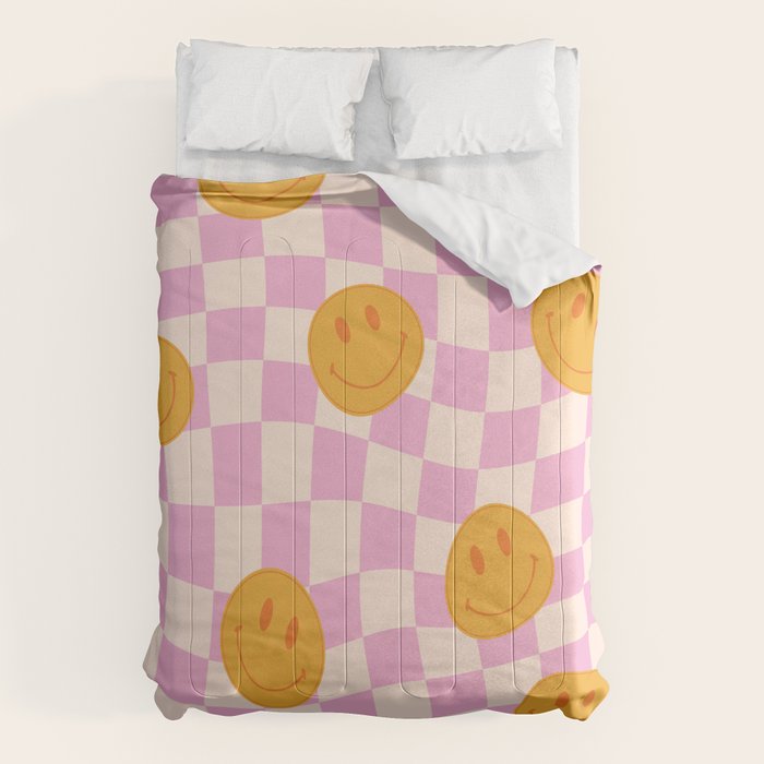 Groovy Smiley Faces on Pastel Pink Twisted Checkerboard Comforter Gallery Image 6
