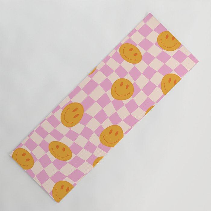Groovy Smiley Faces on Pastel Pink Twisted Checkerboard Yoga Mat Gallery Image 1