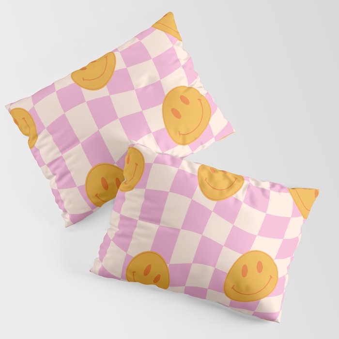 Groovy Smiley Faces on Pastel Pink Twisted Checkerboard Pillow Sham Gallery Image 1