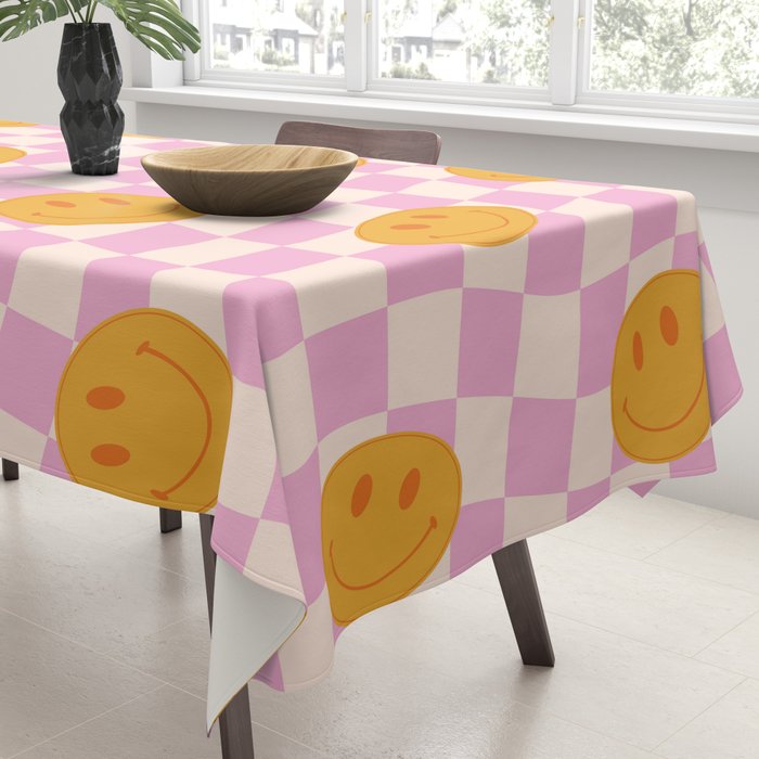 Groovy Smiley Faces on Pastel Pink Twisted Checkerboard Tablecloth Gallery Image 3