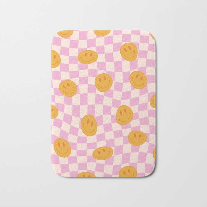 Groovy Smiley Faces on Pastel Pink Twisted Checkerboard Bath Mat Gallery Image 1