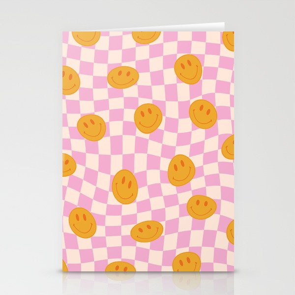 Groovy Smiley Faces on Pastel Pink Twisted Checkerboard Stationery Card Gallery Image 2