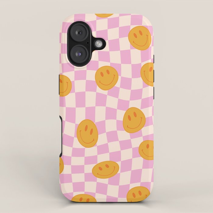 Groovy Smiley Faces on Pastel Pink Twisted Checkerboard iPhone Case Gallery Image 1