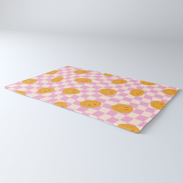 Groovy Smiley Faces on Pastel Pink Twisted Checkerboard Rug Gallery Image 3
