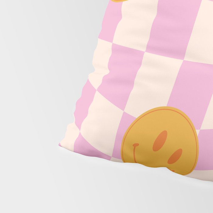 Groovy Smiley Faces on Pastel Pink Twisted Checkerboard Pillow Sham Gallery Image 4