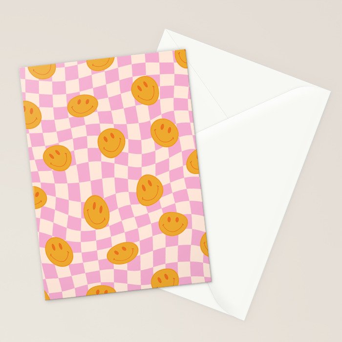 Groovy Smiley Faces on Pastel Pink Twisted Checkerboard Stationery Card Gallery Image 2