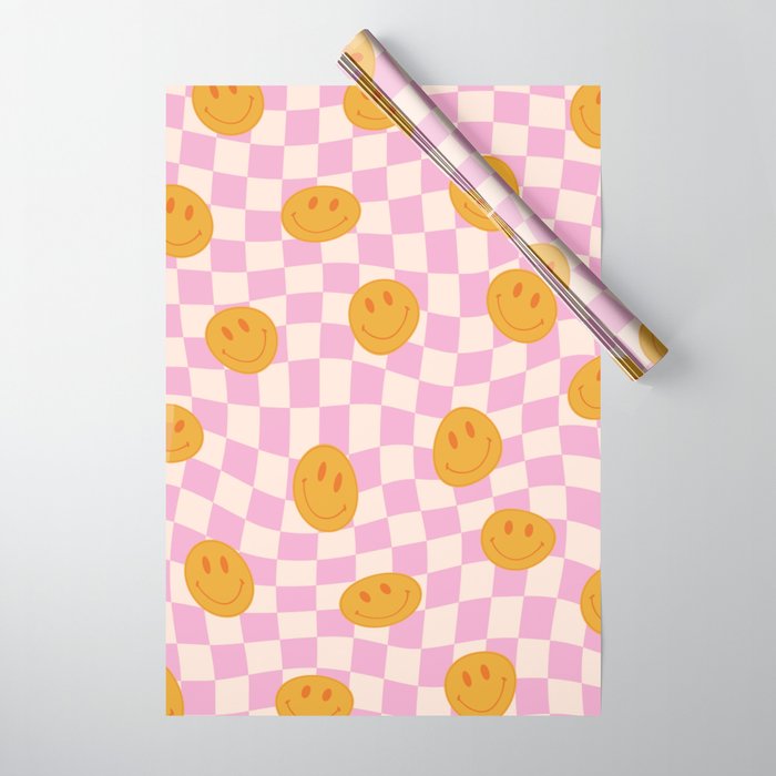 Groovy Smiley Faces on Pastel Pink Twisted Checkerboard Wrapping Paper Gallery Image 1