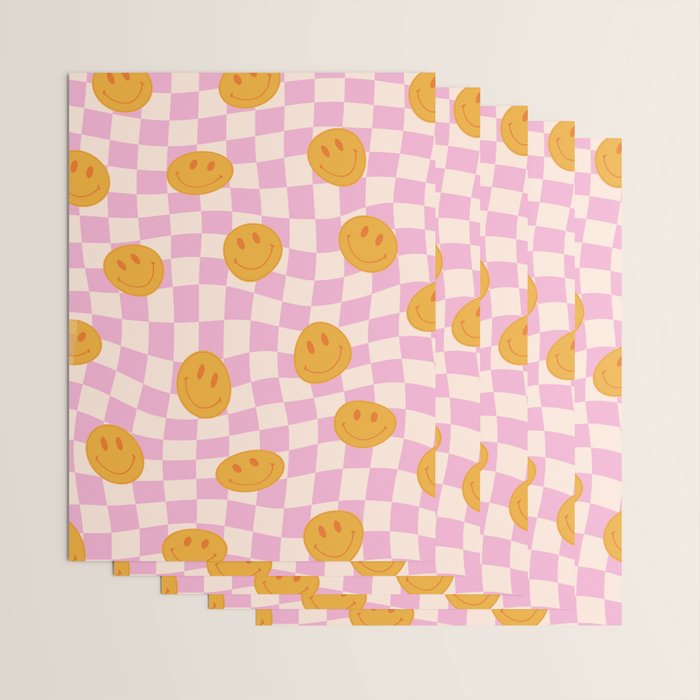 Groovy Smiley Faces on Pastel Pink Twisted Checkerboard Wrapping Paper Gallery Image 3