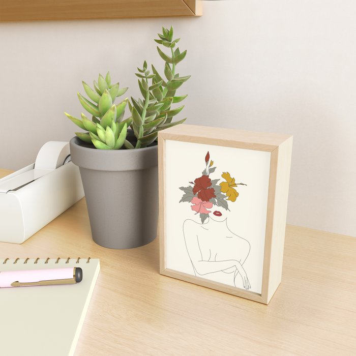Colorful Thoughts Minimal Line Art Woman with Hibiscus Mini Art Print Gallery Image 2