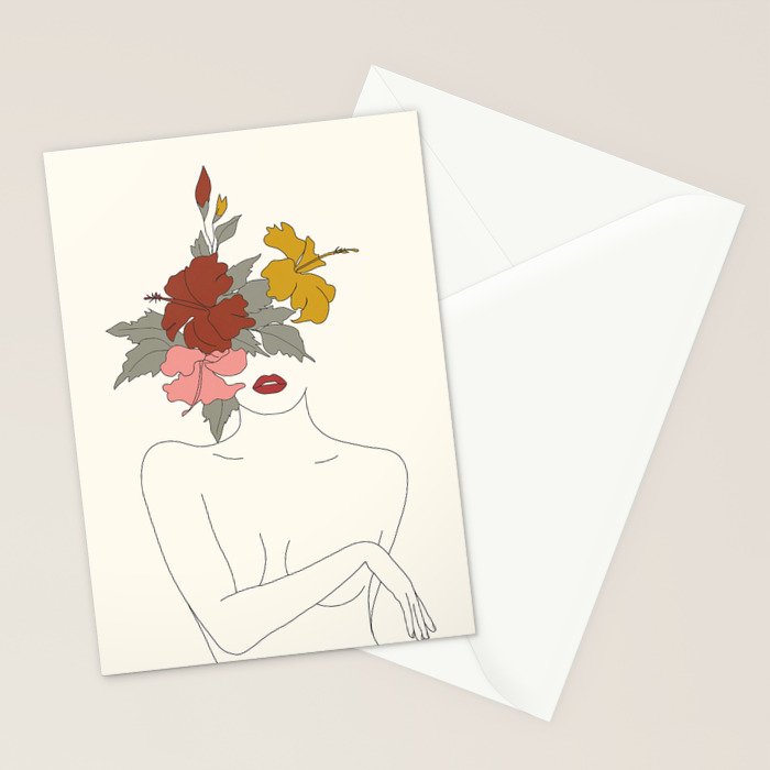 Colorful Thoughts Minimal Line Art Woman with Hibiscus Stationery Card Gallery Image 2