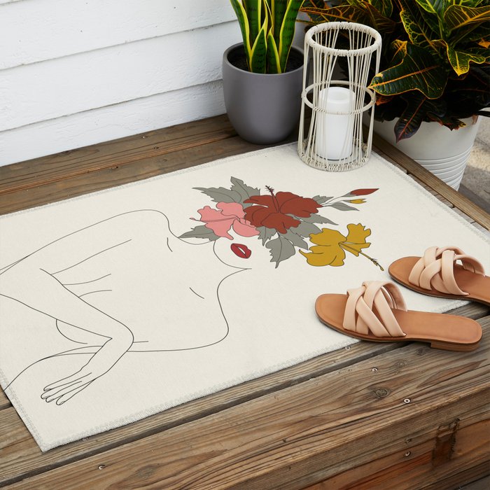 Colorful Thoughts Minimal Line Art Woman with Hibiscus Outdoor Rug Gallery Image 2