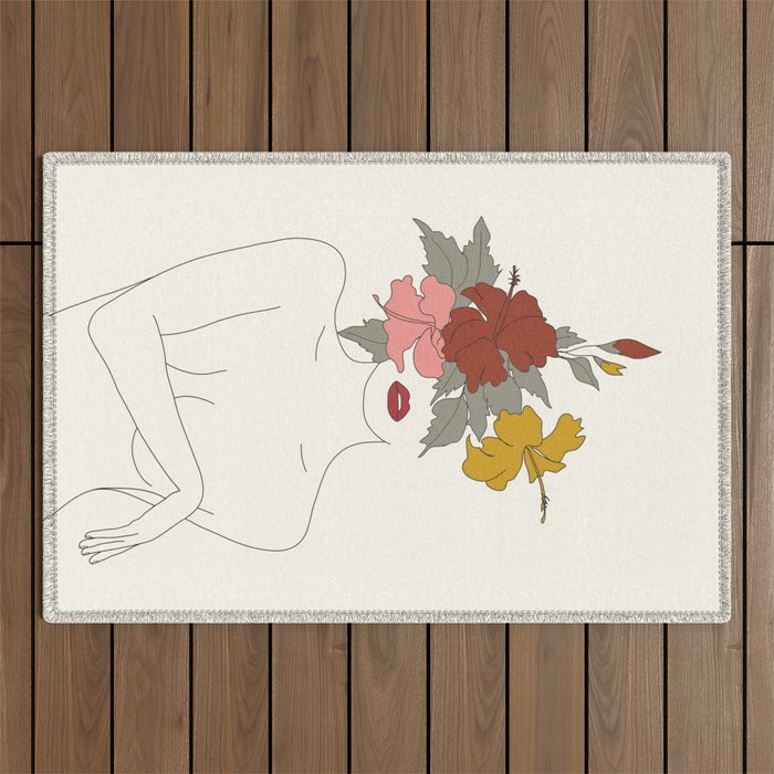 Colorful Thoughts Minimal Line Art Woman with Hibiscus Outdoor Rug Gallery Image 1