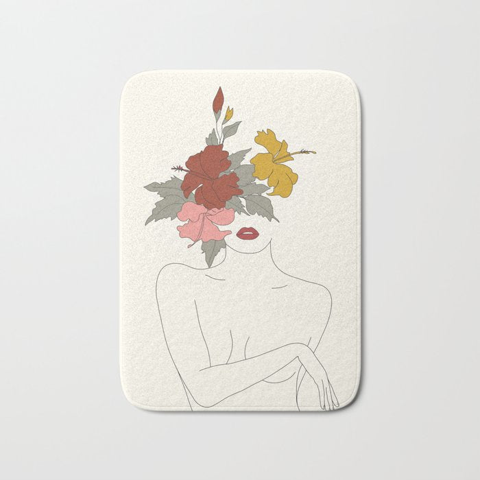 Colorful Thoughts Minimal Line Art Woman with Hibiscus Bath Mat Gallery Image 1