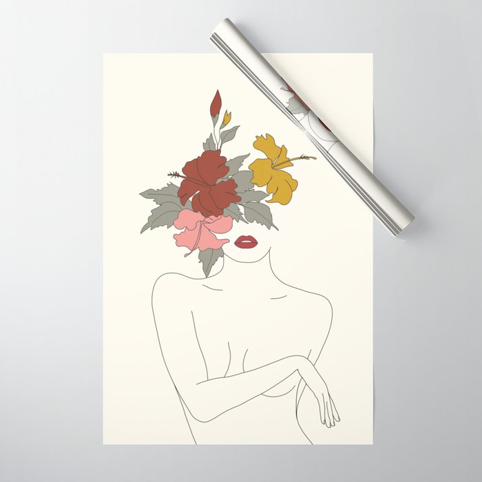 Colorful Thoughts Minimal Line Art Woman with Hibiscus Wrapping Paper Gallery Image 1