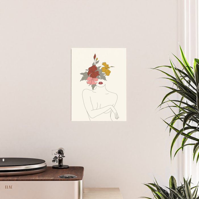 Colorful Thoughts Minimal Line Art Woman with Hibiscus Poster Gallery Image 2