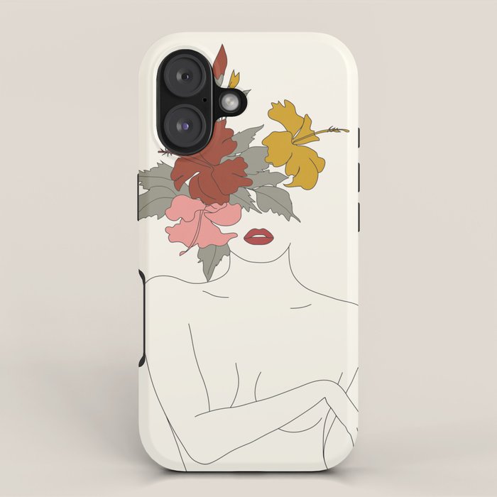 Colorful Thoughts Minimal Line Art Woman with Hibiscus iPhone Case Gallery Image 1
