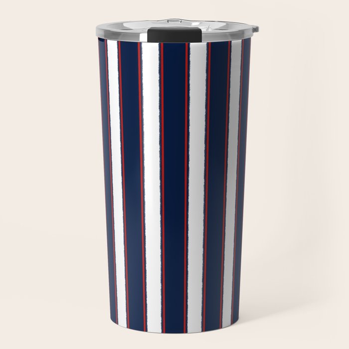 Nautical Navy Blue Red White Rough Stripes Vertical Pattern Travel Mug Gallery Image 1