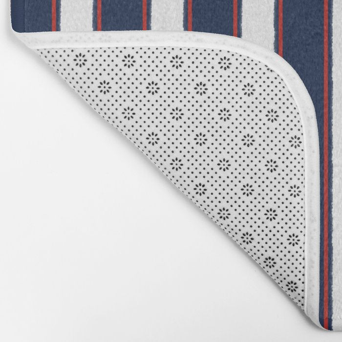 Nautical Navy Blue Red White Rough Stripes Vertical Pattern Bath Mat Gallery Image 2