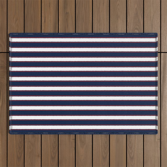 Nautical Navy Blue Red White Rough Stripes Vertical Pattern Outdoor Rug Gallery Image 1