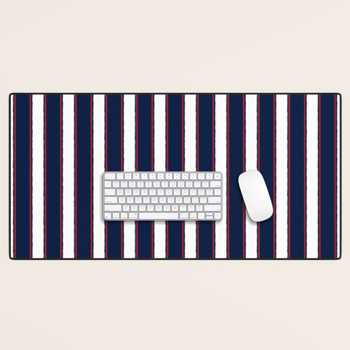 Nautical Navy Blue Red White Rough Stripes Vertical Pattern Desk Mat Gallery Image 1
