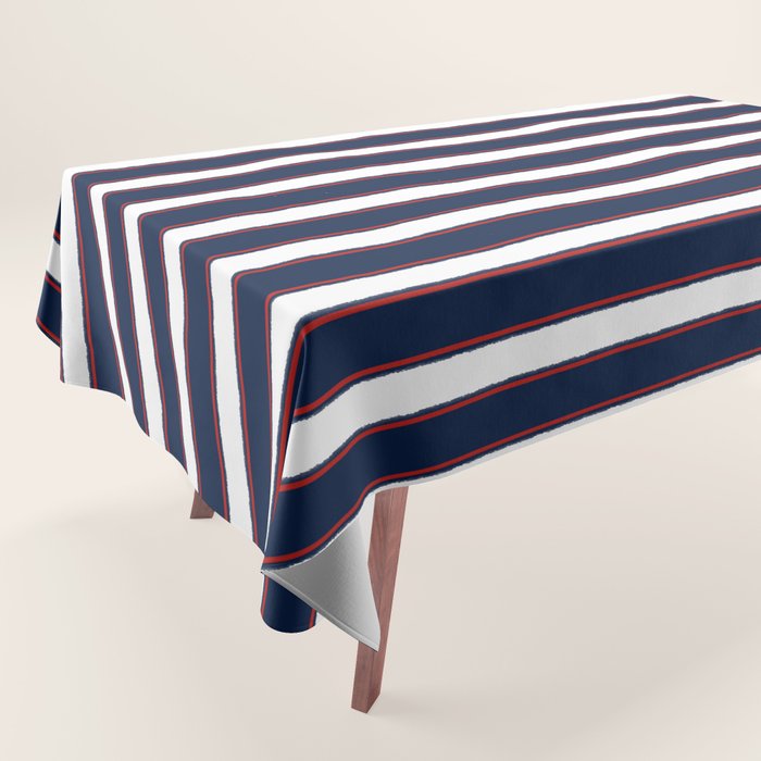 Nautical Navy Blue Red White Rough Stripes Vertical Pattern Tablecloth Gallery Image 1