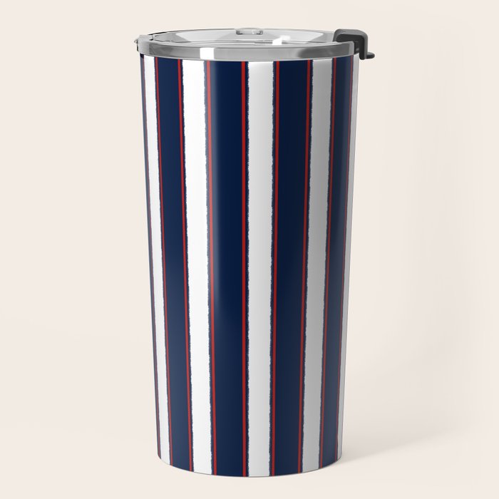 Nautical Navy Blue Red White Rough Stripes Vertical Pattern Travel Mug Gallery Image 2