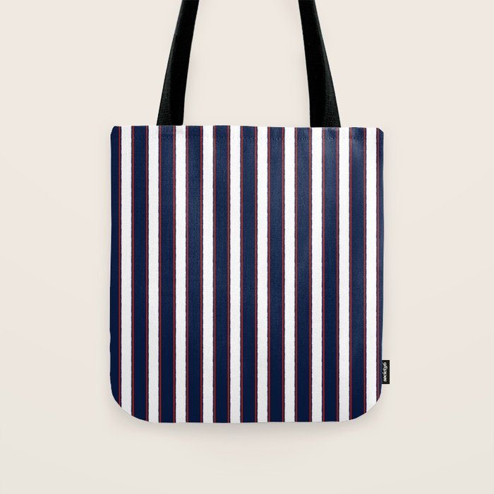 Nautical Navy Blue Red White Rough Stripes Vertical Pattern Tote Bag Gallery Image 1