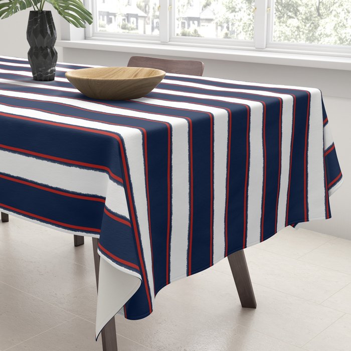 Nautical Navy Blue Red White Rough Stripes Vertical Pattern Tablecloth Gallery Image 3