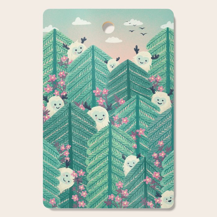 Creatures of the Forest in Springtime (Cute Yetis Hiding Whimsical Nature Art) Cutting Board Gallery Image 1