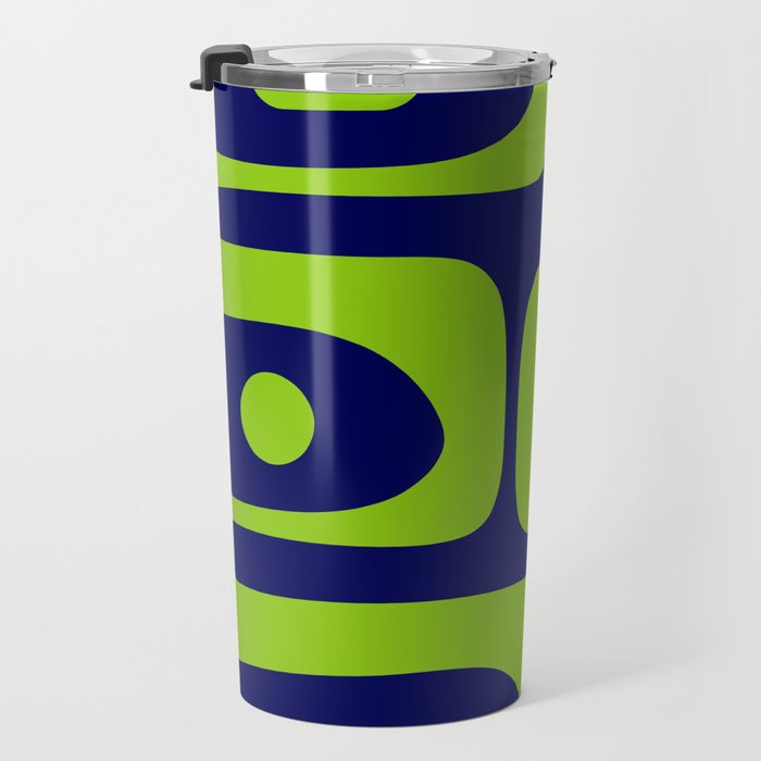 Mid Century Modern Piquet Abstract Pattern in Lime Green and Bright Navy Blue Travel Mug Gallery Image 3