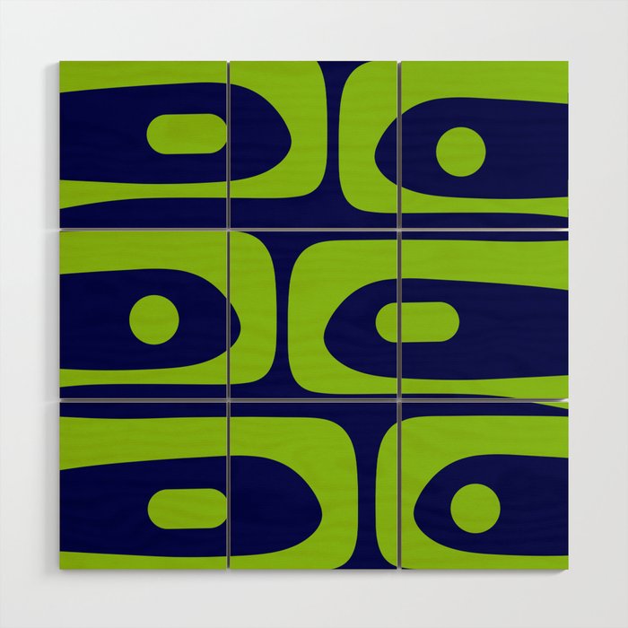 Mid Century Modern Piquet Abstract Pattern in Lime Green and Bright Navy Blue Wood Wall Art Gallery Image 1