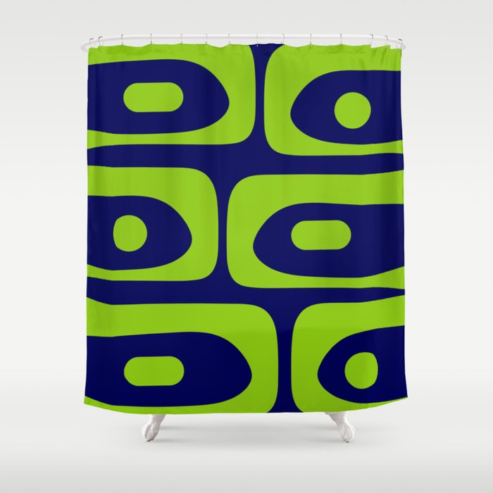 Mid Century Modern Piquet Abstract Pattern in Lime Green and Bright Navy Blue Shower Curtain Gallery Image 1