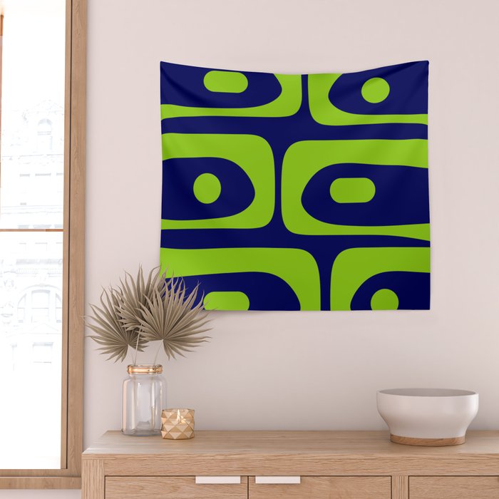 Mid Century Modern Piquet Abstract Pattern in Lime Green and Bright Navy Blue Wall Tapestry Gallery Image 2