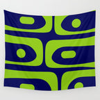 Mid Century Modern Piquet Abstract Pattern in Lime Green and Bright Navy Blue Wall Tapestry Gallery Image 4