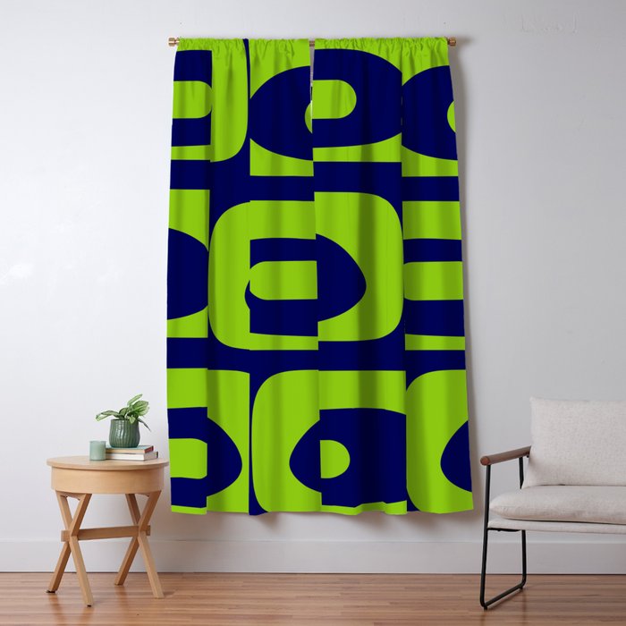 Mid Century Modern Piquet Abstract Pattern in Lime Green and Bright Navy Blue Window Curtain Gallery Image 5