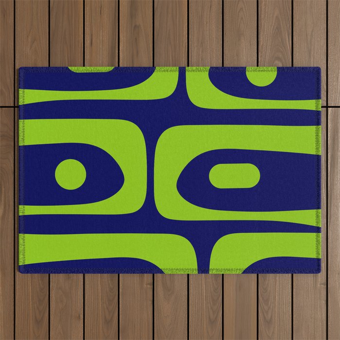 Mid Century Modern Piquet Abstract Pattern in Lime Green and Bright Navy Blue Outdoor Rug Gallery Image 1