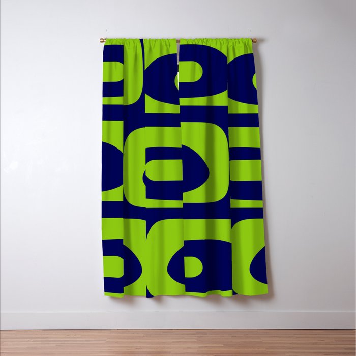 Mid Century Modern Piquet Abstract Pattern in Lime Green and Bright Navy Blue Window Curtain Gallery Image 3